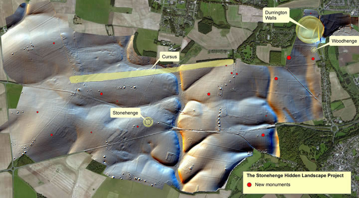Map of the Stonehenge landscape showing the location of new features found by geophysics.